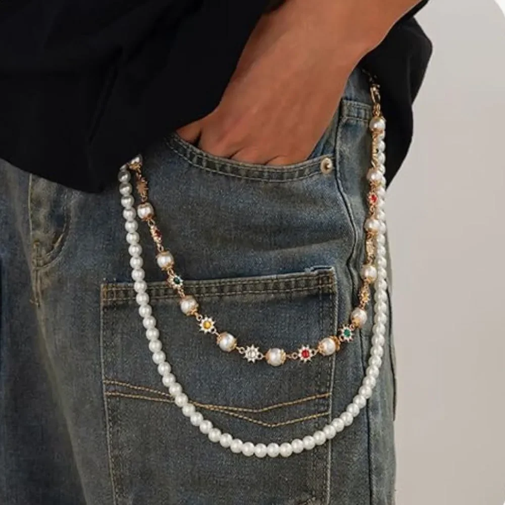 Gold Pearl Cross Heart Pants Chain Gothic Y2K Wallet Jean Chain Punk Street